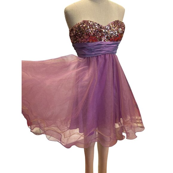 Strapless Sequined Chicas Dress S Purple Tulle & Satin Made In China Short Prom - Picture 2 of 9